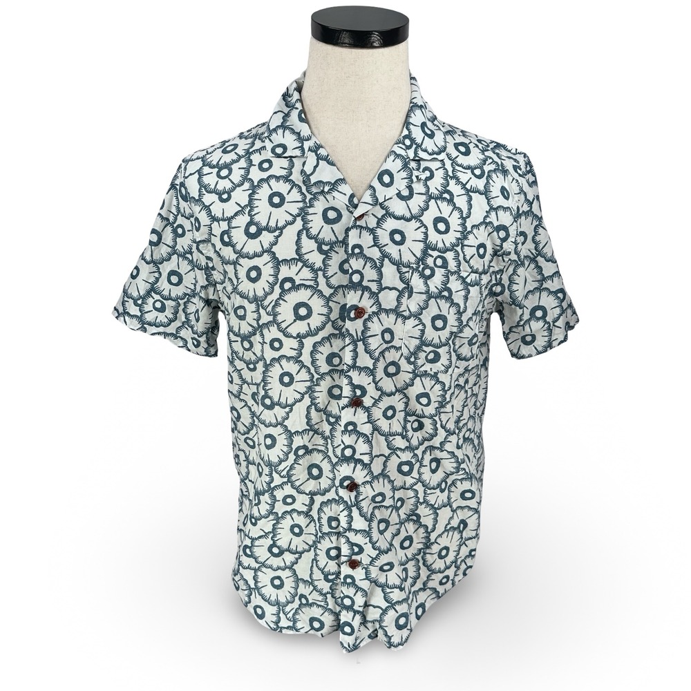 Outerknown Mens Organic Cotton Hemp Floral Short Sleeve Shirt White Blue Small